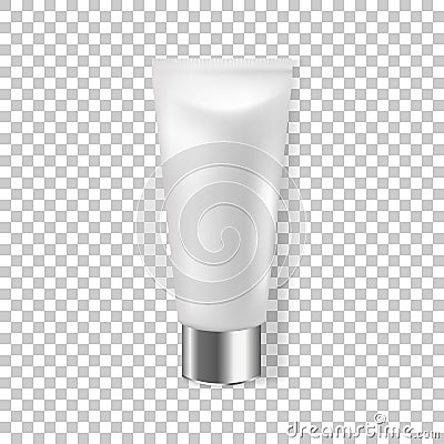 3d vector realistic cream tube with silver lid on transparent background. Cosmetic packaging for design. Vector Illustration